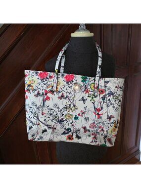 Wildflower Floral Tote Bag White Multicolor Print Gold Tone Logo Zip Pocket